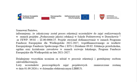 Informacja o zakończonej rekrutacji uczestników do zajęć realizowanych w ramach projektu „
